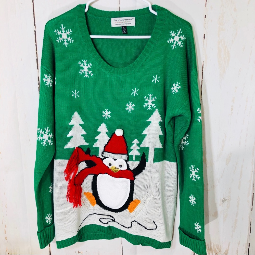Skiing Penguin Ugly Christmas Sweater Size Large Fringe Scarf Google Eyes